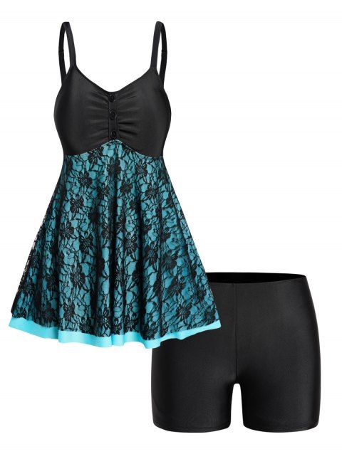 Plus Size Tankini Swimwear Colorblock Lace Overlay Mock Button Ruched Boyleg Vacation Swimsuit