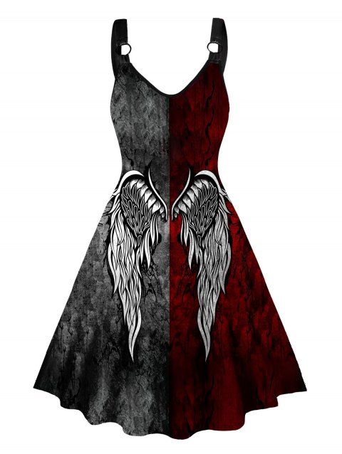 Gothic Dress Contrast Colorblock Wing Print V Neck High Waisted A Line Mini Dress