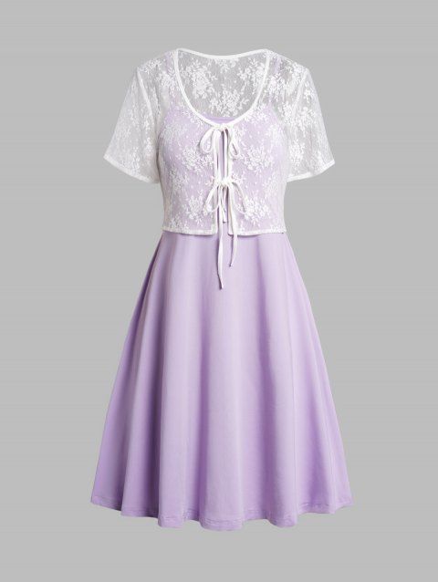 Plus Size Dress Colorblock Plain High Waist A Line Mini Dress And Lace Tied Front Top Set