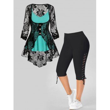 

Plus Size Flare Skirted Cami Top See Thru Flower Lace Blouse And Lace Up Cropped Leggings Outfit, Multicolor