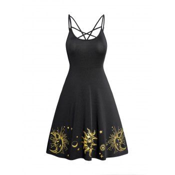 

Plus Size Mini Dress Cut Out Sun Moon Star Print Sleeveless High Waisted A Line Dress, Black