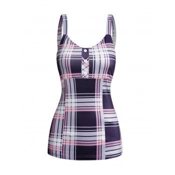 

Plaid Print Tank Top Mock Button Casual Tank Top, Light purple