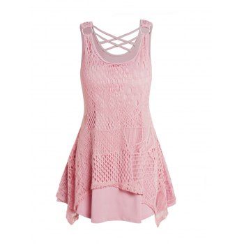 

Hollow Out Overlay Long Tank Top Solid Color O Ring Crisscross Tank Top, Light pink