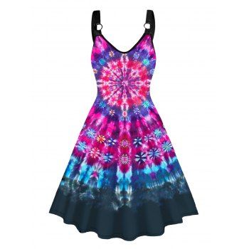 

Plus Size Dress Tie Dye Swirl Print V Neck O-ring Strap High Waisted A Line Midi Dress, Multicolor a