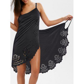 

Plain Color Wrap Cover-up Dress Laser Cut Out Scalloped Spaghetti Strap Beach Cover-up, Black