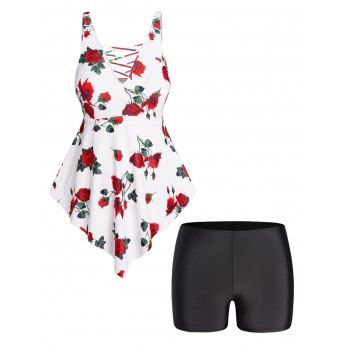 

Plus Size Vacation Tankini Swimsuit Rose Leaf Print Crisscross Pointed Hem Boyleg Modest Swimwear, White
