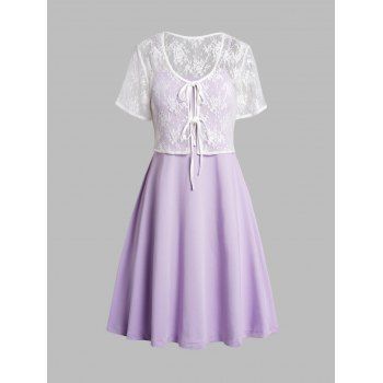 

Plus Size Dress Colorblock Plain High Waist A Line Mini Dress And Lace Tied Front Top Set, Light purple