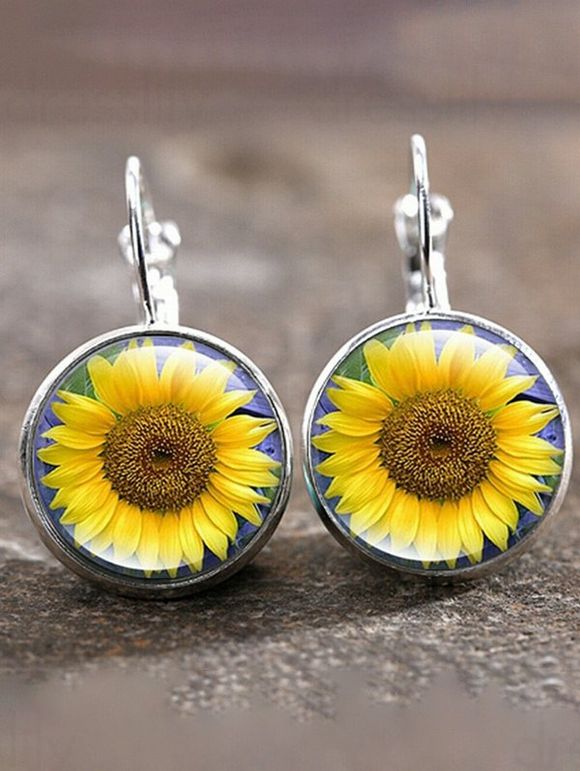 Boucles D'Oreilles en Forme Ronde Motif de Tournesol en Alliage - Argent 