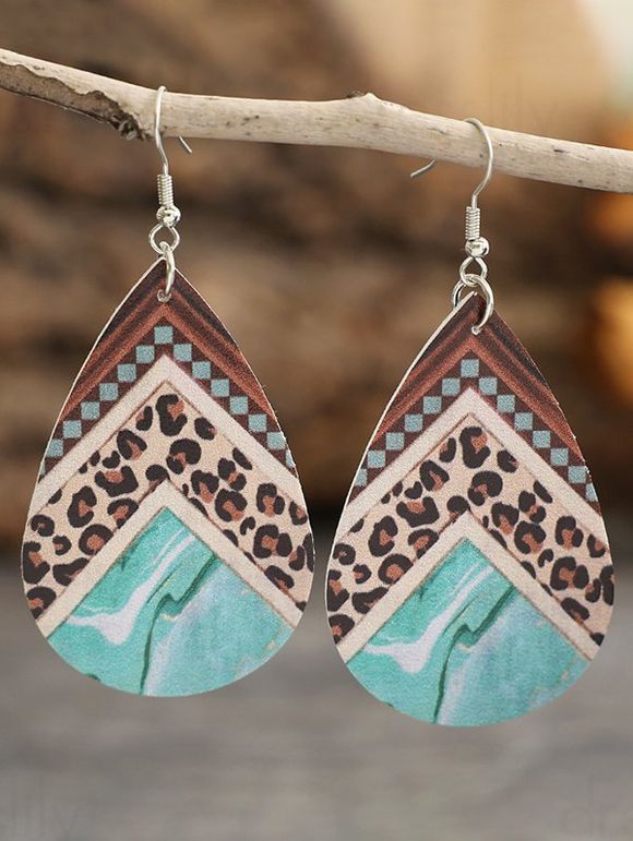 Boucles D'Oreilles Pendantes Géométrique Motif de Léopard en Forme Goutte D'Eau en PU - Argent 