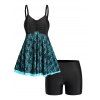 Plus Size Tankini Swimwear Colorblock Lace Overlay Mock Button Ruched Boyleg Vacation Swimsuit - BLACK 5X