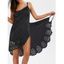 Robe Cache-maillot de Plage Enveloppée Festonnée Découpée en Couleur Unie à Bretelle Fine - Noir L