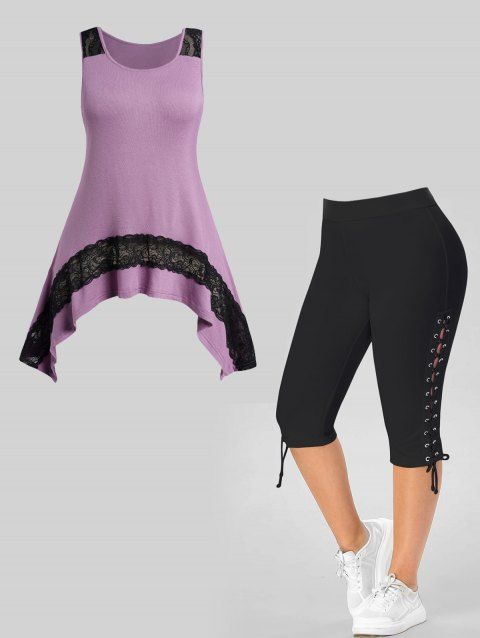 Plus Size Lace Panel Asymmetrical Hem Tank Top And Lace Up Eyelet Capri Leggings Casual Outfit