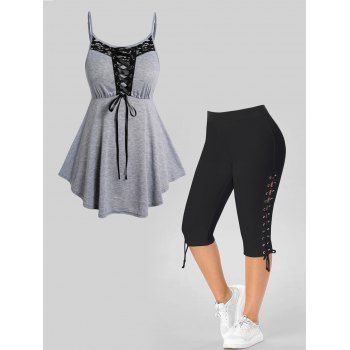 

Plus Size Lace Panel Asymmetrical Hem Heather Tank Top And Lace Up Eyelet Capri Leggings Casual Outfit, Multicolor a