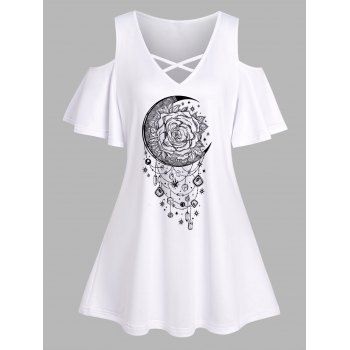

Moon Flower Printed T Shirt Crisscross Cold Shoulder V Neck Long Tee, White