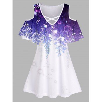 

Colorblock Leaf Print T Shirt Crisscross Cold Shoulder V Neck Long Tee, White