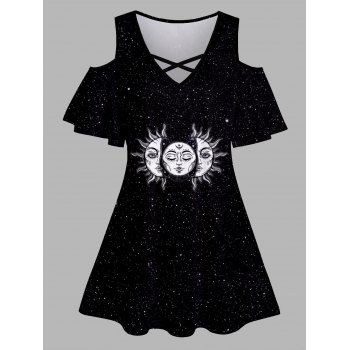 

Galaxy Sun Print T Shirt Crisscross Cold Shoulder V Neck Long Tee, White