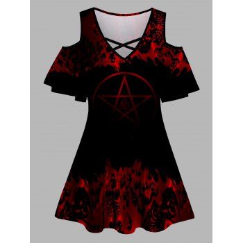 

Colorblock Star Skeleton Print T Shirt Crisscross Cold Shoulder V Neck Long Gothic Tee, Black