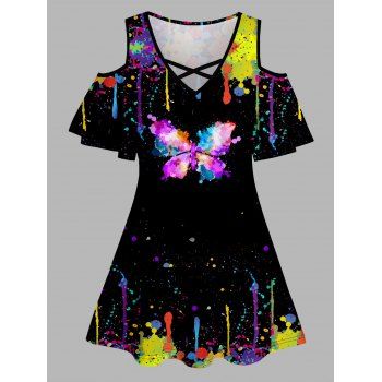 

Splash Ink Butterfly Print T Shirt Crisscross Cold Shoulder V Neck Long Tee, Black