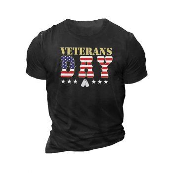 

Patriotic Star Striped Letter Print T Shirt Round Neck Short Sleeve Tee, Black