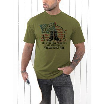 

American Flag Print Letter Boots Patriotic T Shirt Round Neck Short Sleeve Tee, Army green