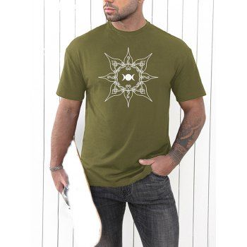 

Sun And Moon Print T-shirt Short Sleeve Round Neck Casual Tee, Army green