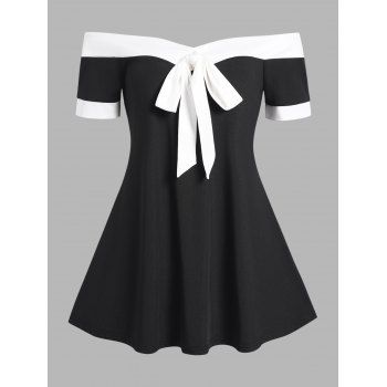 

Off The Shoulder T-shirt Contrast Colorblock Bowknot Short Sleeve Tee, Black