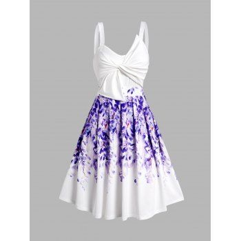 

Flower Print Mini Dress Twisted Knot Sleeveless High Waist A Line Dress, White