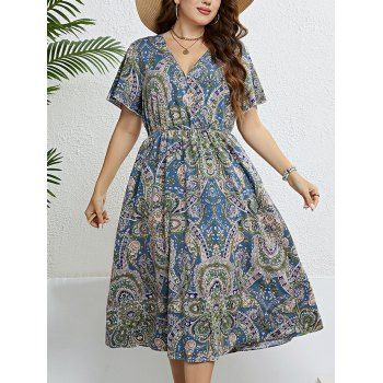 

Plus Size Dress Allover Paisley Flower Printed Surplice High Waisted Plunge Neck A Line Midi Dress, Blue