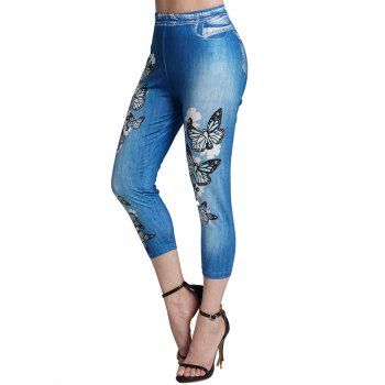 

Floral Butterfly Faux Denim 3D Print Capri Leggings Elastic Waist Cropped Leggings, Blue