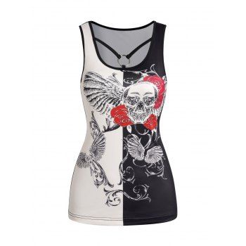 

Flower Skull Wing Print Colorblock Tank Top O Ring Casual Tank Top, Black