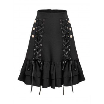 

Gothic Skirt Lace Up Mock Button Layered Zipper Fly A Line Mini Skirt, Black