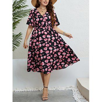 

Plus Size Dress Allover Flower Print Surplice High Waisted A Line Midi Vacation Dress, Light pink