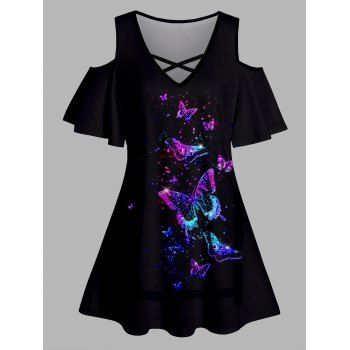 

Butterfly Print T Shirt Crisscross Cold Shoulder V Neck Long Tee, Black