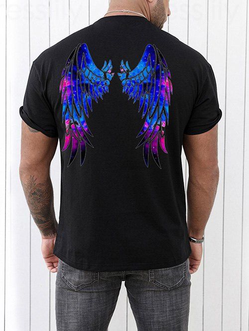 T-shirt Décontracté Motif de Galaxie Aile à Manches Courtes à Col Rond - Noir XXXL