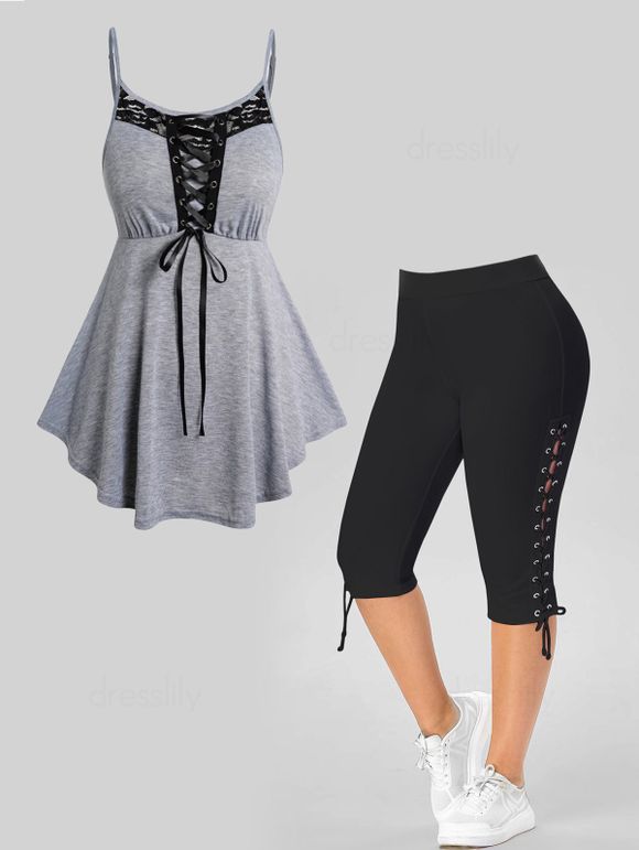 Plus Size Lace Panel Asymmetrical Hem Heather Tank Top And Lace Up Eyelet Capri Leggings Casual Outfit - multicolor A 