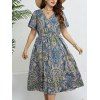 Plus Size Dress Allover Paisley Flower Printed Surplice High Waisted Plunge Neck A Line Midi Dress - BLUE 1XL