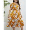 Plus Size Dress Flower Print V Neck High Waisted A Line Midi Vacation Dress - DEEP YELLOW 3XL
