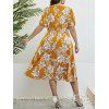 Plus Size Dress Flower Print V Neck High Waisted A Line Midi Vacation Dress - DEEP YELLOW 3XL