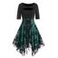 Printed Lace Panel Dress Colorblock Cut Out Lace Up Asymmetrical Midi Dress - BLACK L