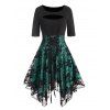 Printed Lace Panel Dress Colorblock Cut Out Lace Up Asymmetrical Midi Dress - BLACK XL