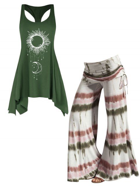 Celestial Sun Moon Print Asymmetric Tank Top And Tie Dye Print Cinched Foldover Wide Leg Pants Casual Outfit