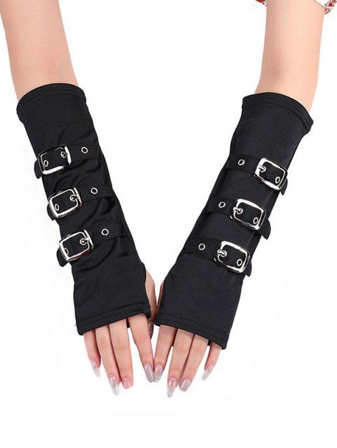 Solid Color Buckle Strap Gothic Gloves With Thumb Hole