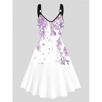 

Leaf Print Dress O-ring Strap Sleeveless High Waisted V Neck A Line Midi Dress, White