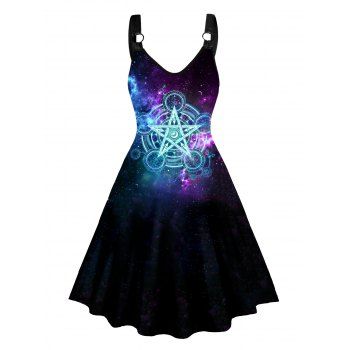 

Galaxy Star Print Dress V Neck O-ring Strap High Waist A Line Midi Dress, Black