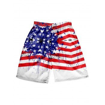 

Star Striped Print Shorts Splash Painting Elastic Waist Patriotic Beach Shorts, Multicolor