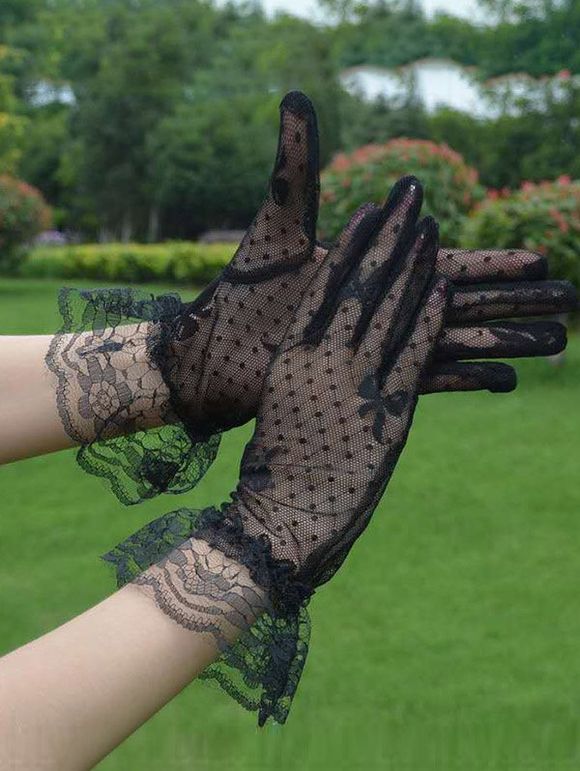 Gants Courte en Dentelle en Maille Transparente à Pois à Volants - Noir 1 PAIR
