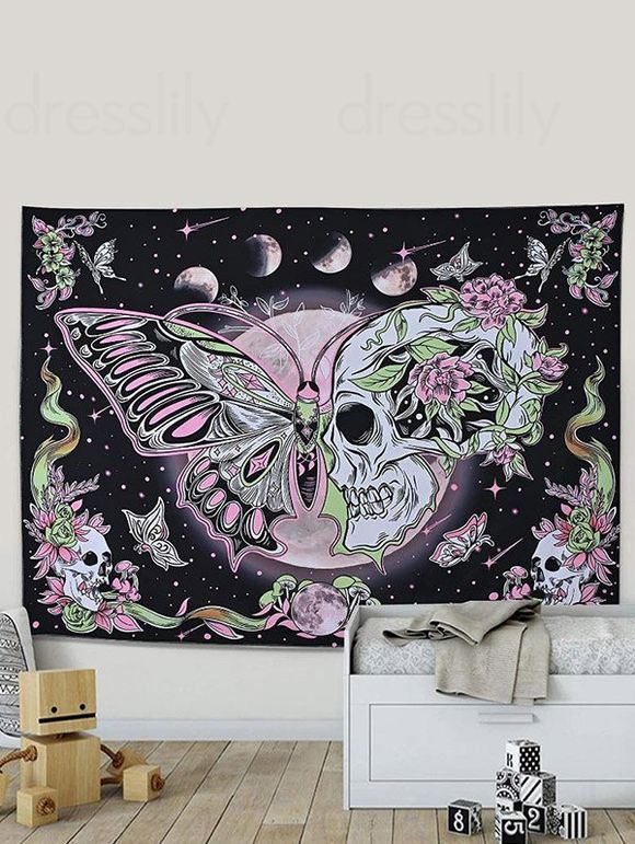 Tapisserie Murale à Imprimé Lune Papillon et Crâne Décor Maison - multicolor 150 CM X 130 CM