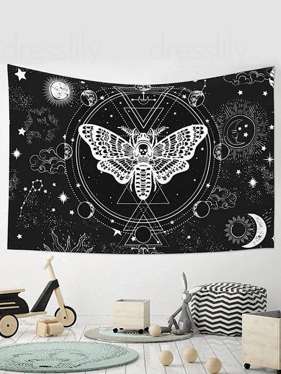 Tapisserie Murale à Imprimé Lune Papillon et Crâne Décor Maison - Noir 150 CM X 130 CM