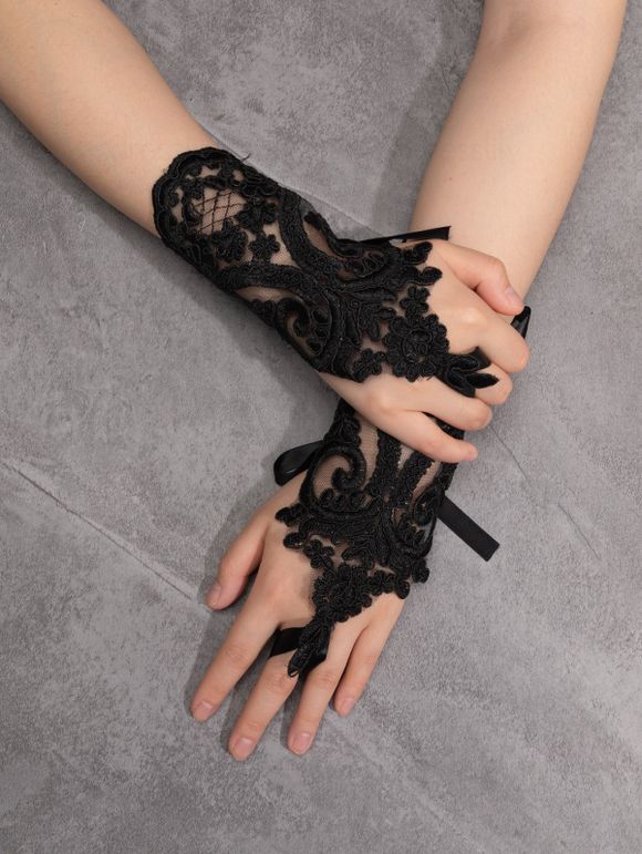 Gants Mitaines en Dentelle avec Broderie Florale Style Gothique - Noir 1 PAIR