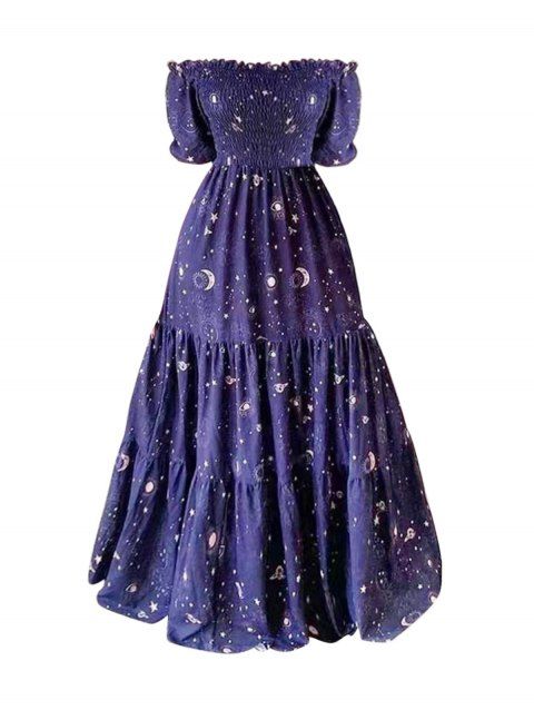 Celestial Sun Moon Star Allover Print Maxi Dress Shirred Ruffles Off The Shoulder Puff Sleeve Dress